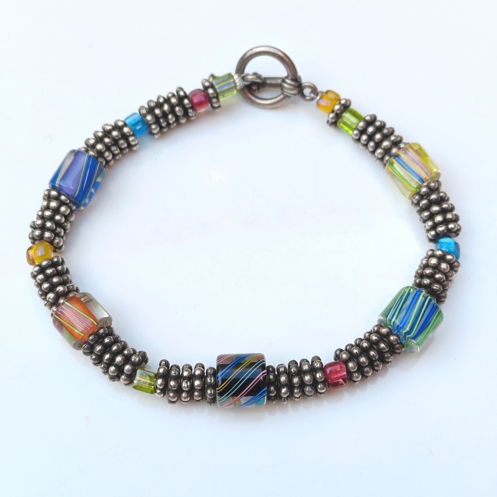 Striped Glass Beaded Toggle Bracelet Women Multicolor Boho Metal Silver Tone